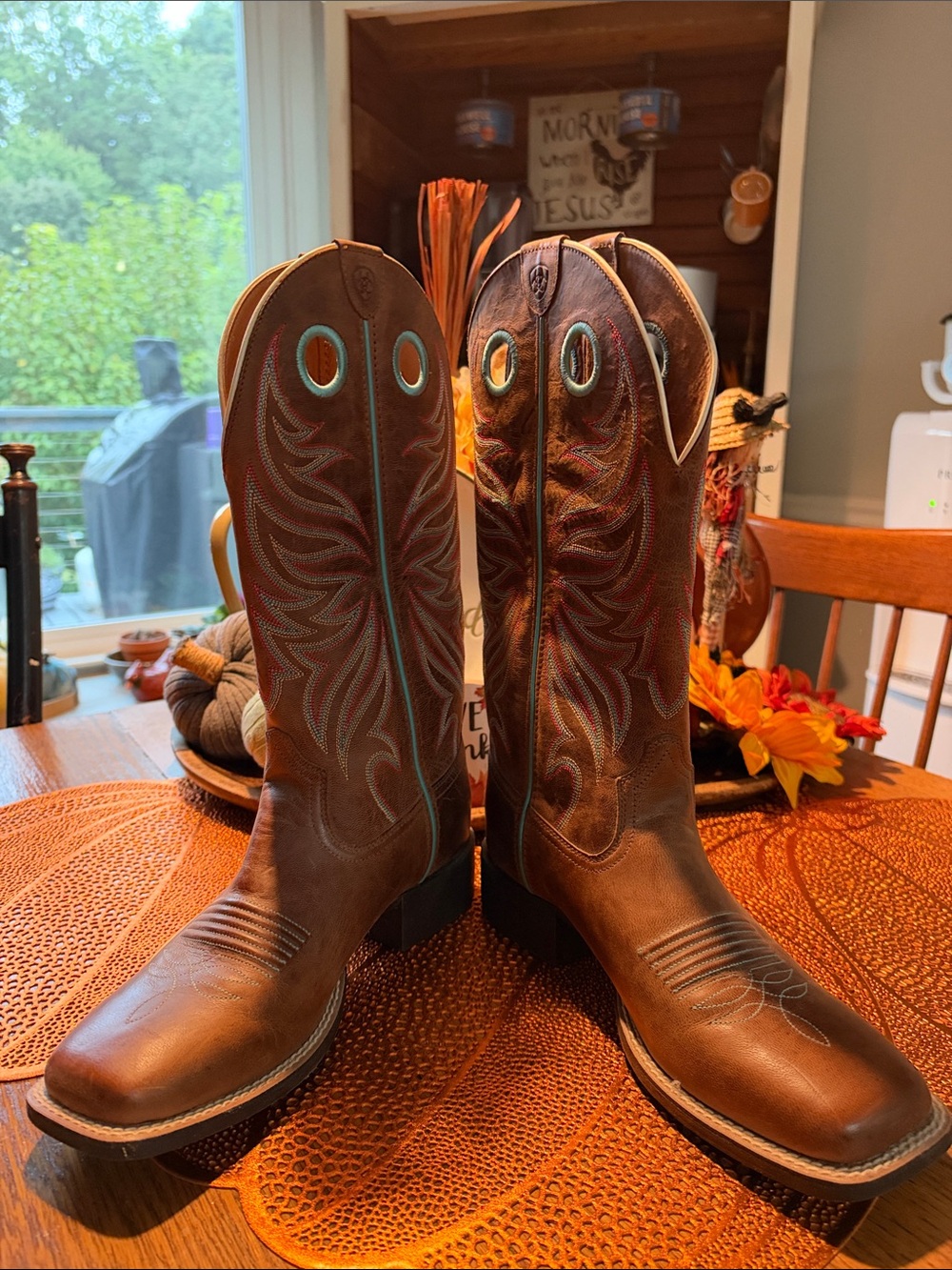 ARIAT Round Up Ryder Western Boots #10017390 Sz 8.5 Brown Leather Teal/Red/Tan